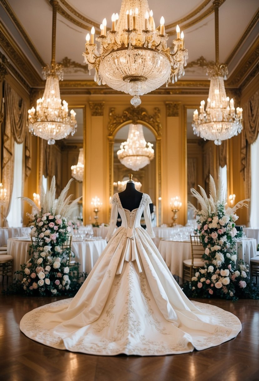 A grand ballroom with ornate chandeliers, gilded mirrors, and luxurious silk draperies. A mannequin adorned with a lavish 19th-century wedding dress stands in the center, surrounded by opulent floral arrangements