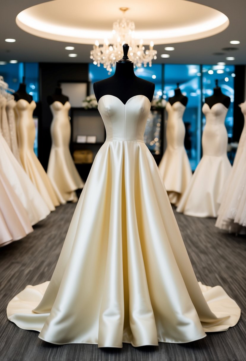 Elegant satin gowns with hourglass silhouette, flaring out at the bottom, displayed in a bridal boutique showroom