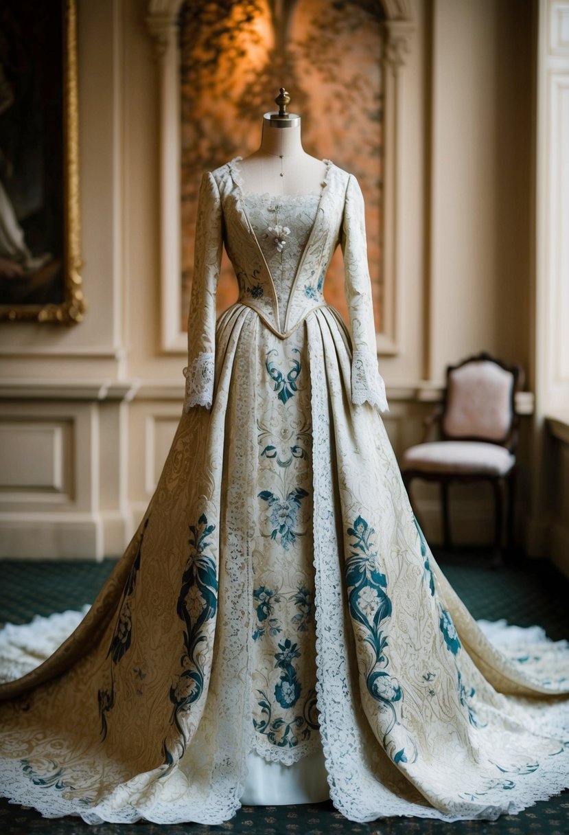 A 19th century wedding dress with intricate medieval brocade design, featuring ornate floral patterns and delicate lace trim