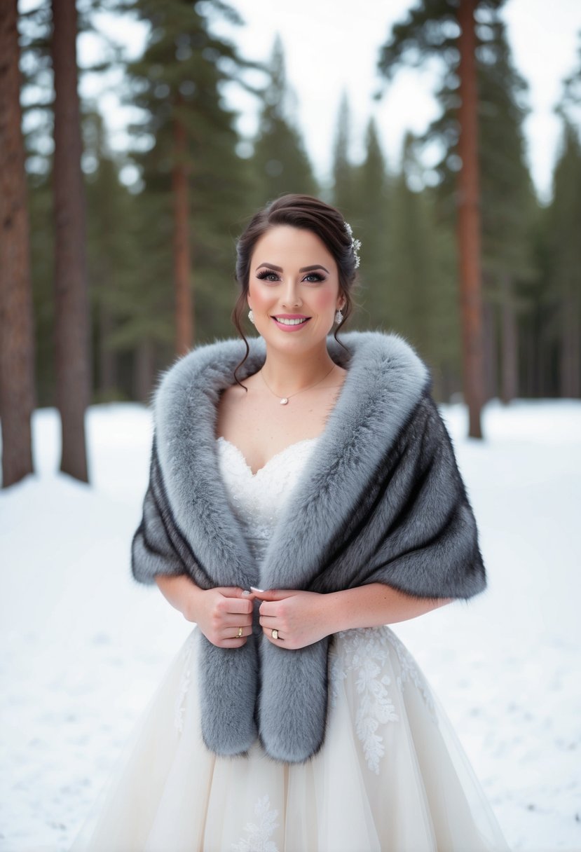 A bride wearing a faux fur wrap over her wedding dress, standing in a snowy forest with pine trees in the background