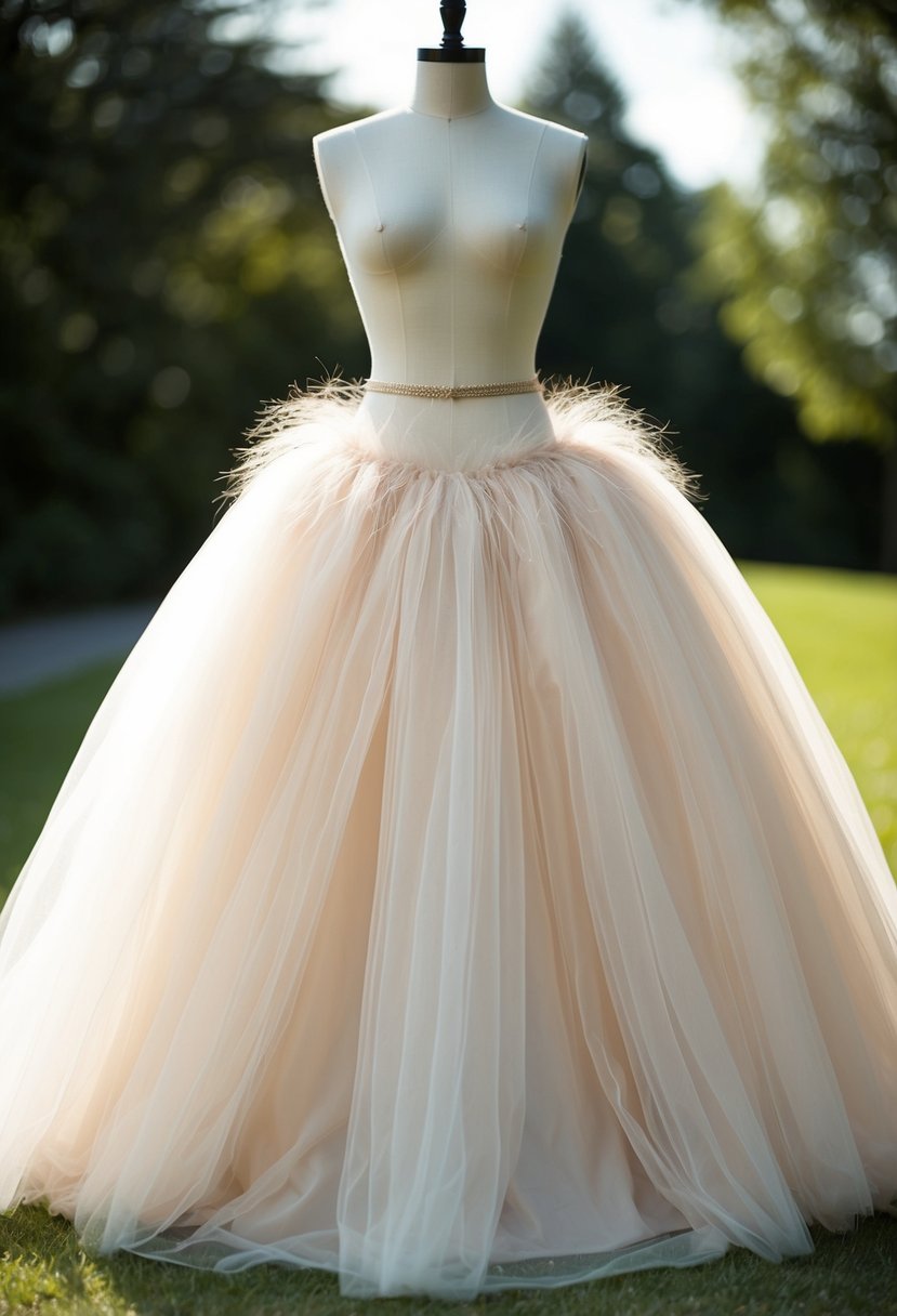 A tulle skirt cascades in an hourglass shape, adorned with delicate horsehair trim