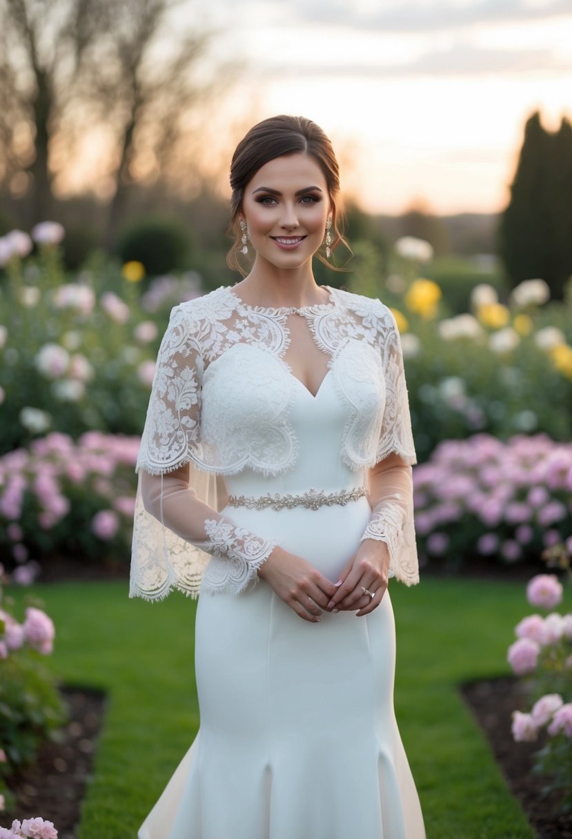 A bride in a lace long-sleeve cape jacket wedding dress, standing in a garden surrounded by blooming flowers and a soft, romantic sunset