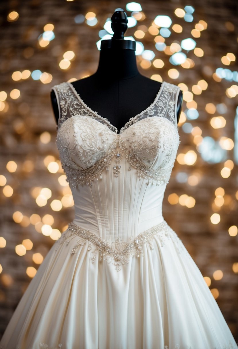 A vintage-inspired wedding dress with a fitted bodice and an hourglass shape, adorned with delicate lace and intricate beading