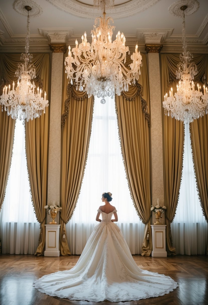 A grand ballroom with ornate chandeliers and flowing curtains, showcasing a luxurious 18th-century Rococo style wedding dress