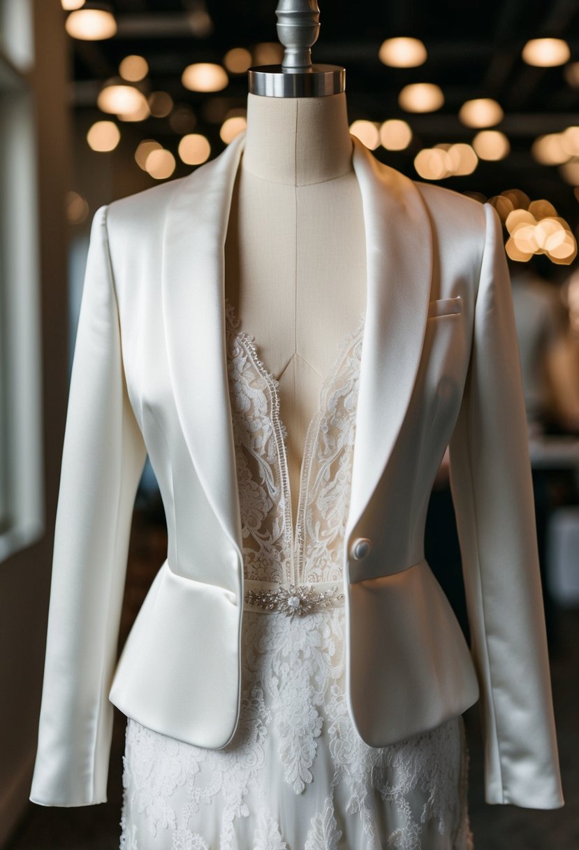 A satin bridal blazer jacket draped over a delicate lace wedding dress on a mannequin