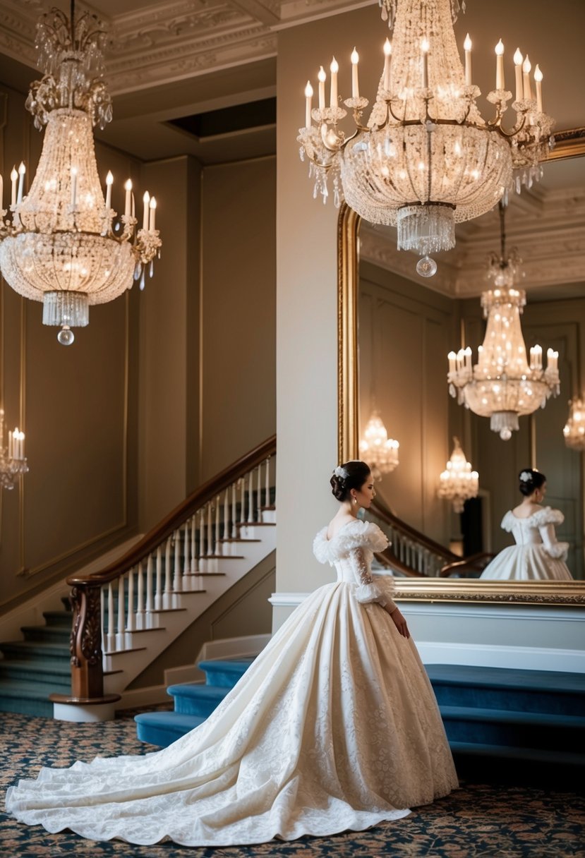 A grand ballroom with ornate chandeliers, a grand staircase, and a large mirror reflecting a woman in an elaborate 19th century wedding dress with Elizabethan ruffled sleeves