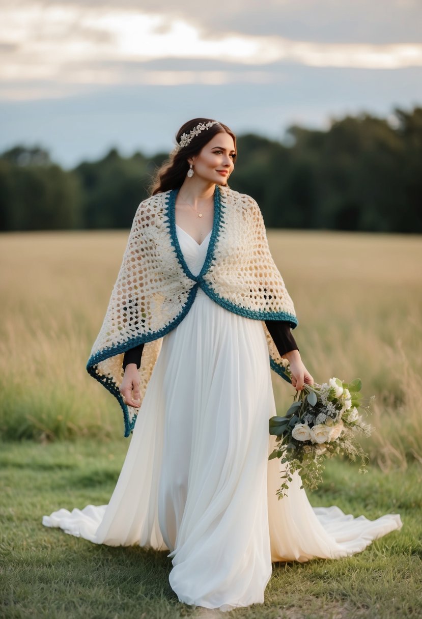 A bohemian crochet shawl drapes over a flowing wedding dress, with a jacket adding a touch of whimsy