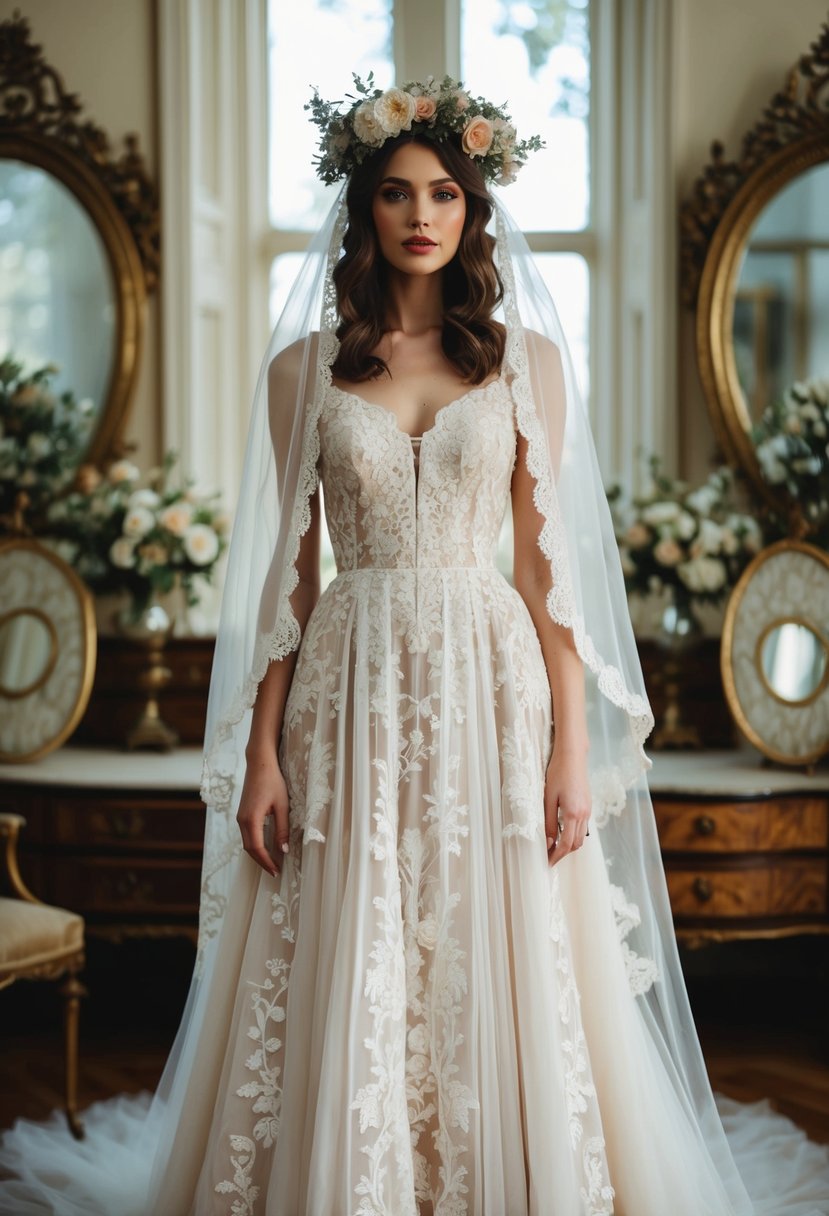 A lace-trimmed, flowing gown with delicate embroidery, paired with a floral crown and vintage veil, set against a backdrop of ornate Victorian furniture and antique mirrors