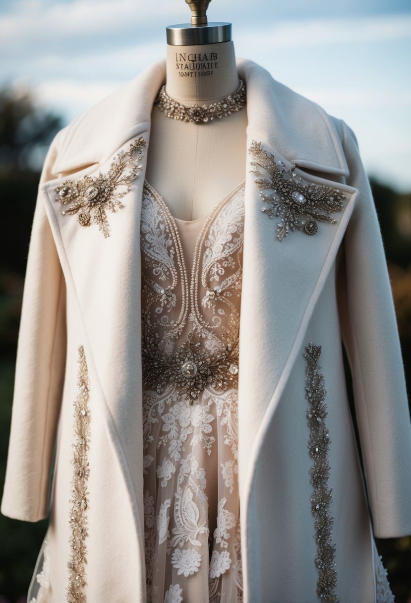 A luxurious cashmere wedding coat draped over a delicate lace wedding dress, with intricate beading and embellishments