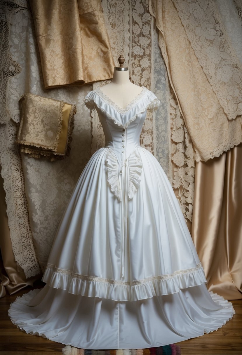 A Victorian bustle skirt wedding dress displayed on a mannequin, surrounded by antique lace and silk fabric swatches