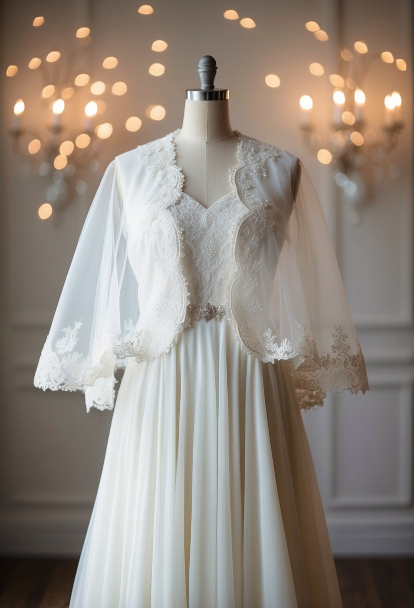 An elegant organza topper jacket drapes over a flowing wedding dress, adorned with delicate lace and intricate beadwork