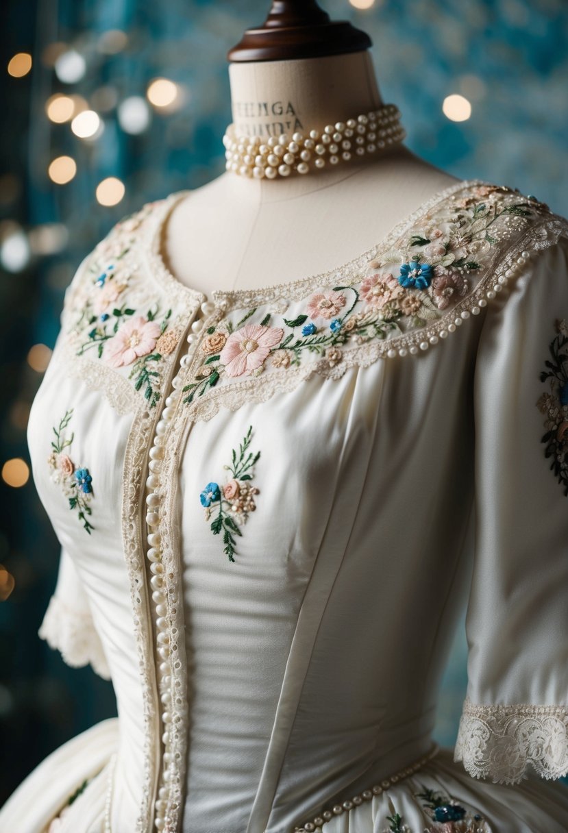 A delicate, intricately embroidered bodice with floral motifs, accented with pearls and lace, adorning a 19th century wedding dress