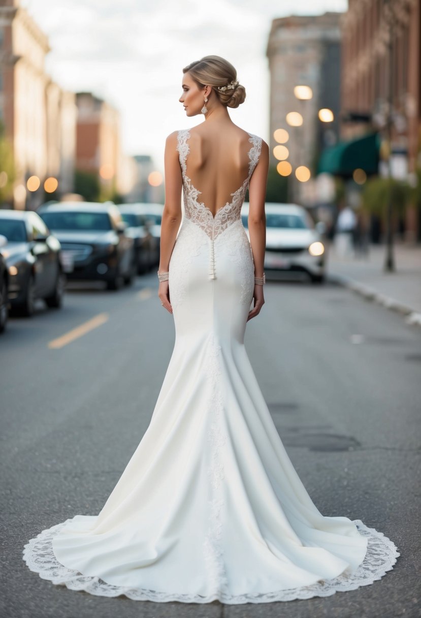 A sleek, form-fitting wedding dress with intricate lace details and a long train flowing behind