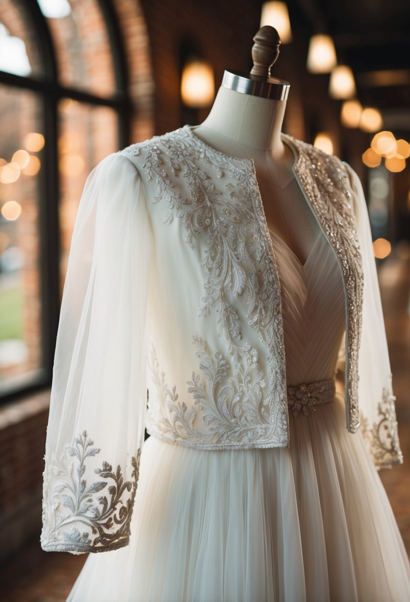 A delicate tulle jacket adorned with intricate embroidery, draped over a flowing wedding dress