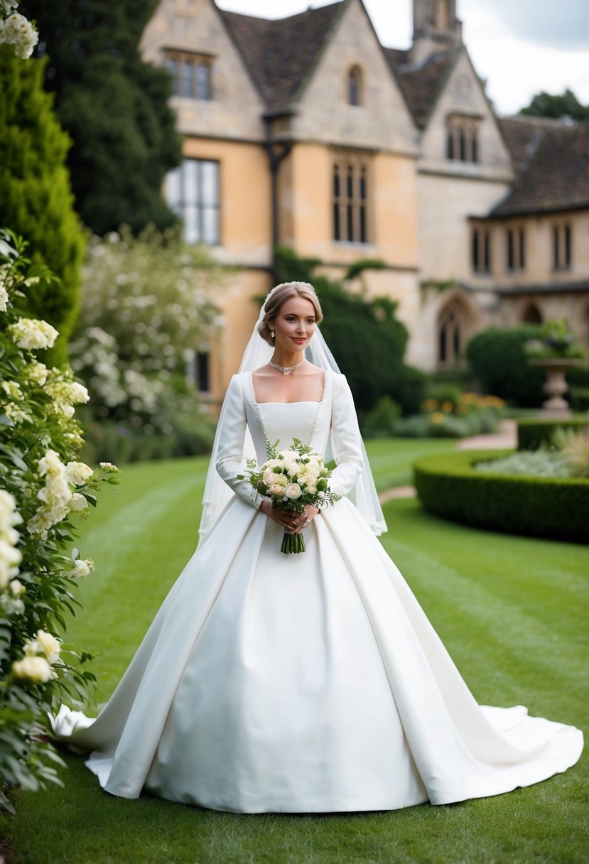 A bride in a 19th century wedding dress with a Tudor square neckline, surrounded by lush gardens and historical architecture