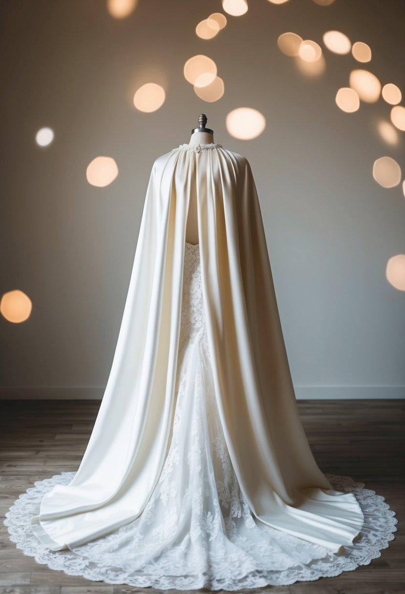 A flowing velvet bridal cape drapes over a delicate lace wedding dress