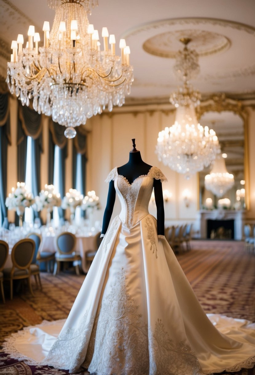 A grand ballroom with chandeliers and opulent decor, featuring a mannequin adorned in a luxurious 19th-century wedding gown made of satin and lace