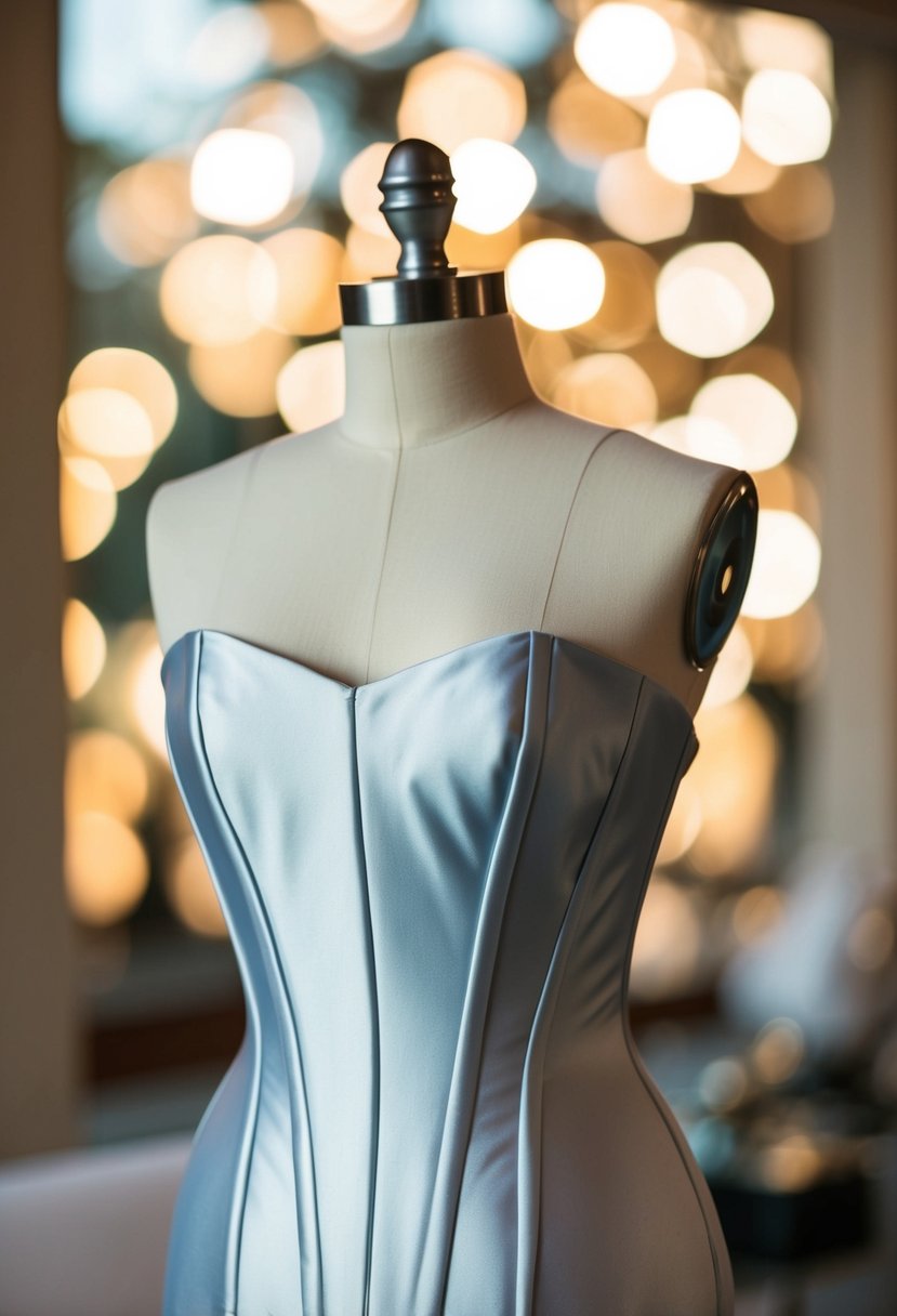 A sleek, satin corset-back wedding dress on a mannequin