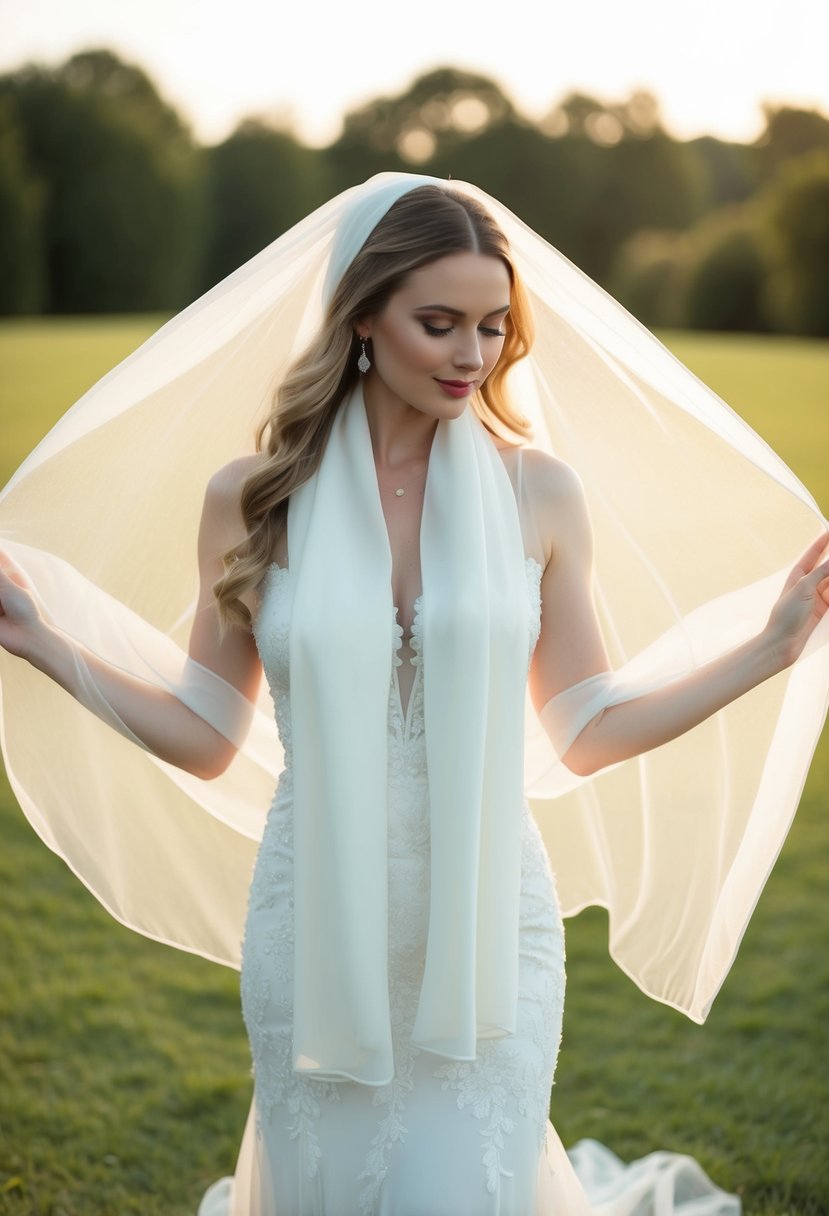 A flowing chiffon bridal scarf jacket drapes over a delicate wedding dress, creating an ethereal and romantic look