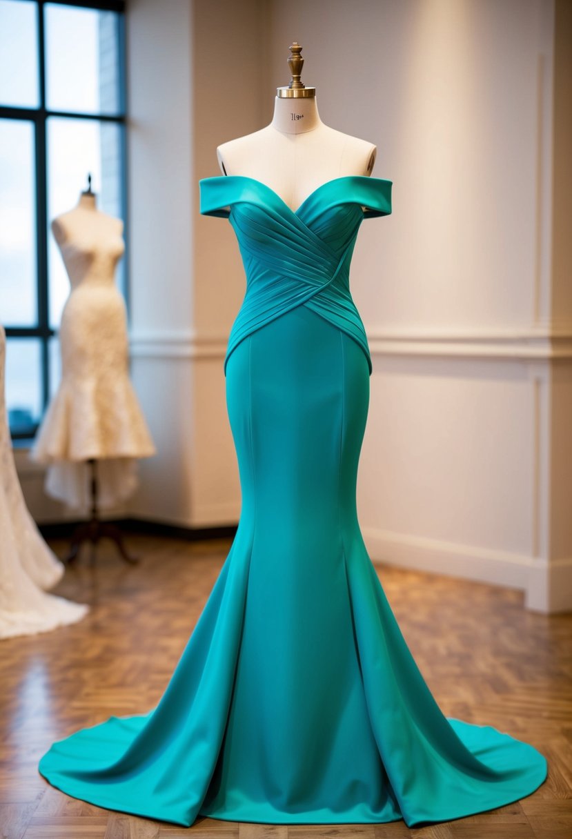 An off-shoulder fitted gown drapes elegantly on a mannequin, showcasing its sleek silhouette and intricate detailing