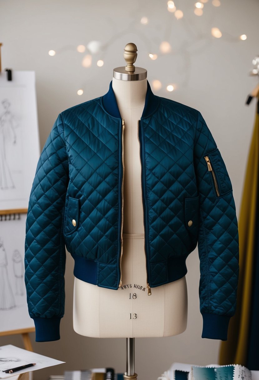 A quilted bridal bomber jacket draped over a mannequin, surrounded by sketches and fabric swatches