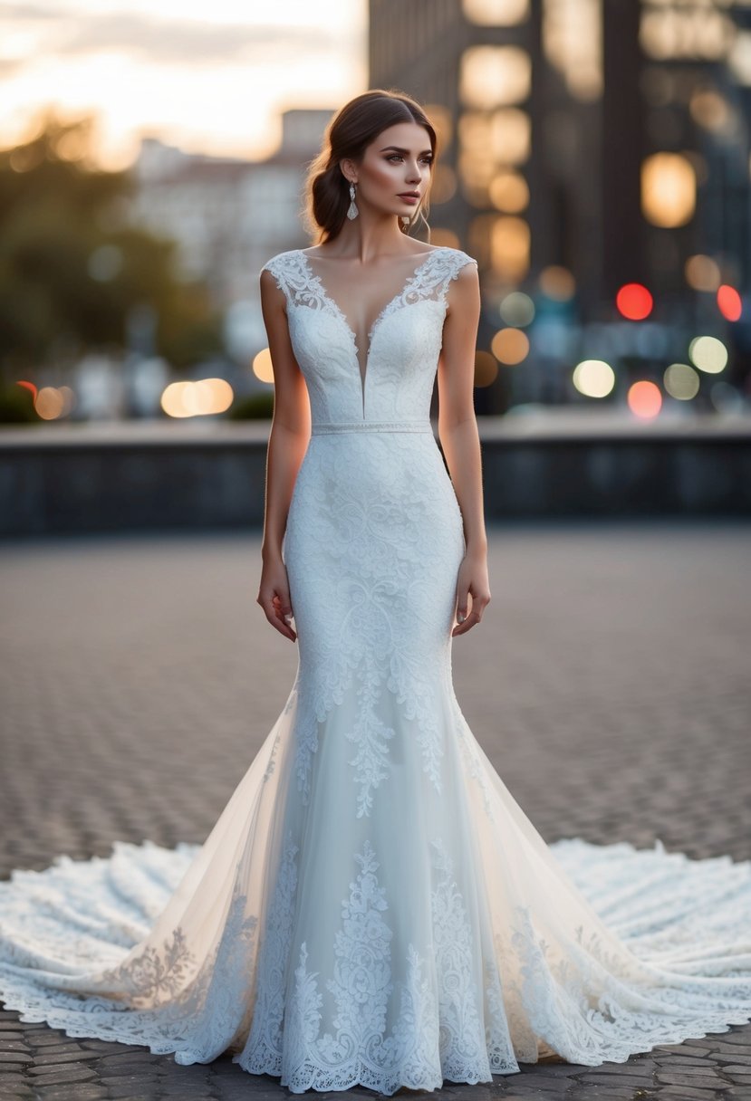 A v-neck lace wedding dress with a long train, fitted snugly