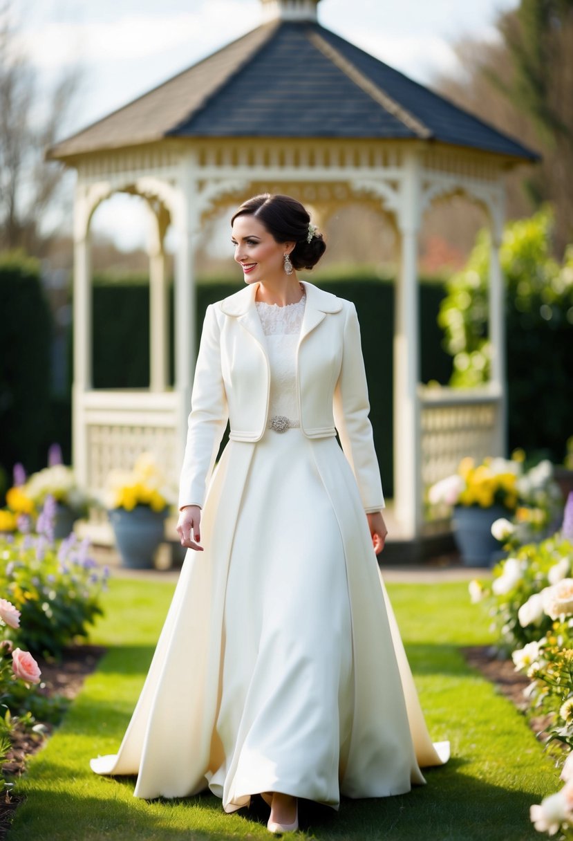 A bride wearing a vintage-inspired swing coat jacket wedding dress, walking through a garden with blooming flowers and a charming old-fashioned gazebo in the background