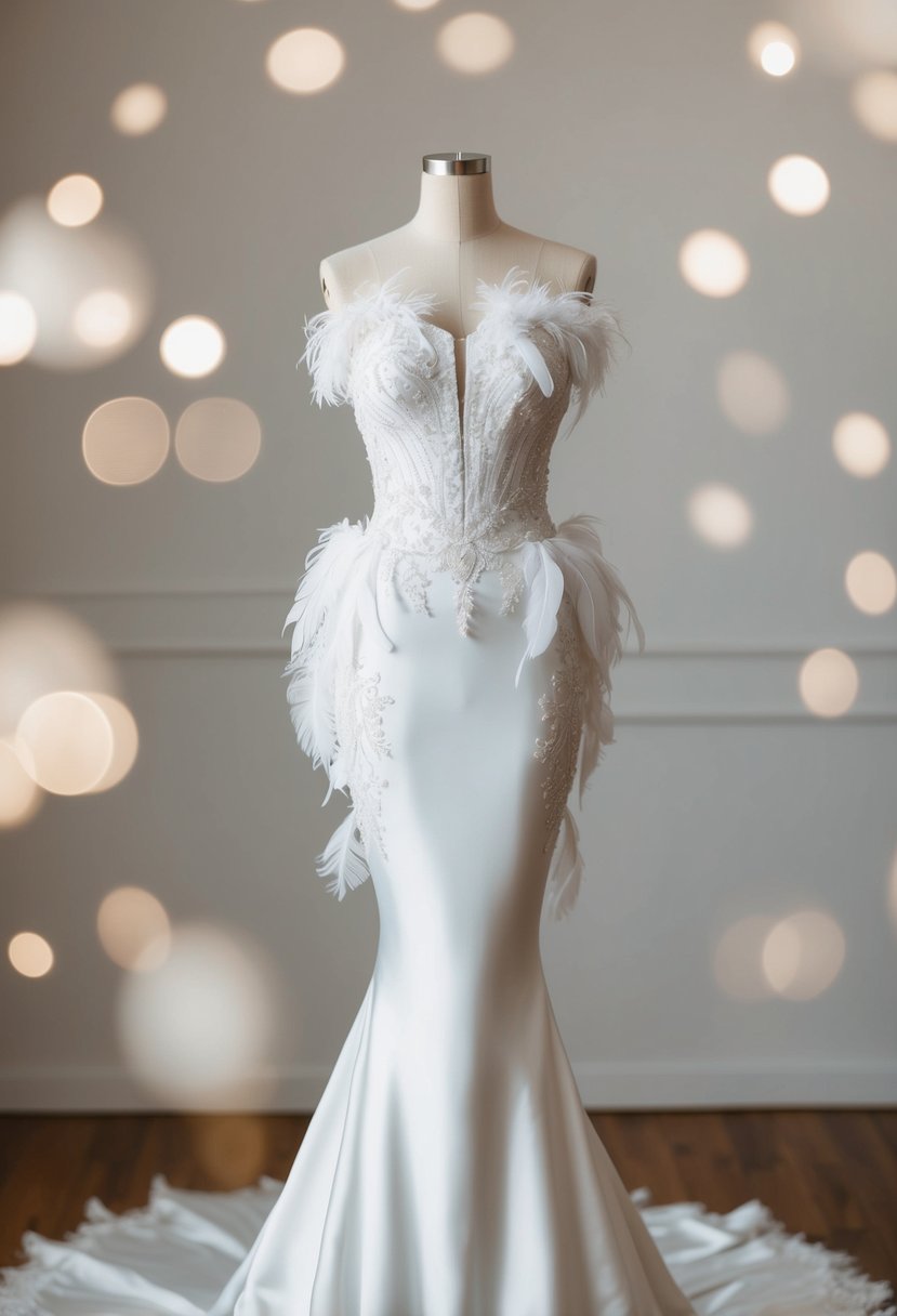 A strapless mermaid wedding dress adorned with intricate feather details, accentuating the tight and fitted silhouette