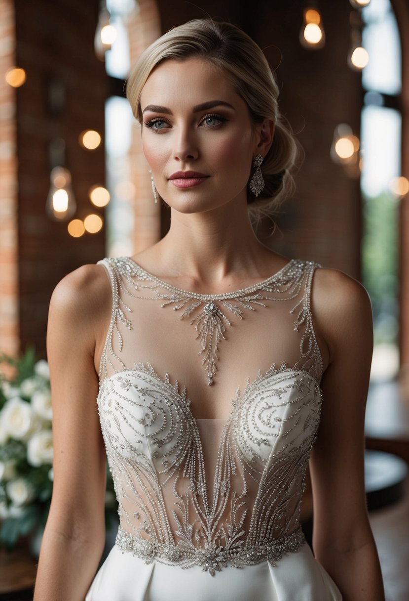 A sleek, illusion neckline wedding dress adorned with intricate beadwork