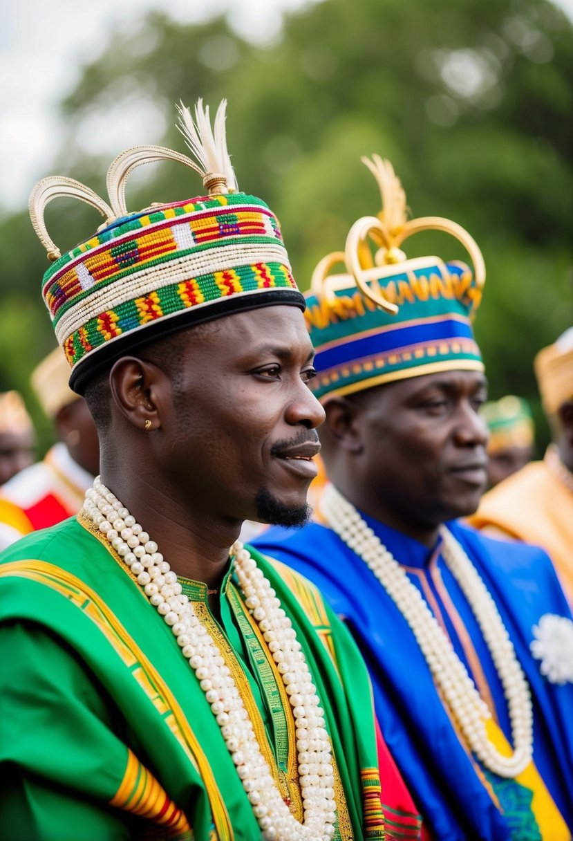 A vibrant outdoor Nigerian wedding ceremony with traditional colorful attire and elaborate headpieces