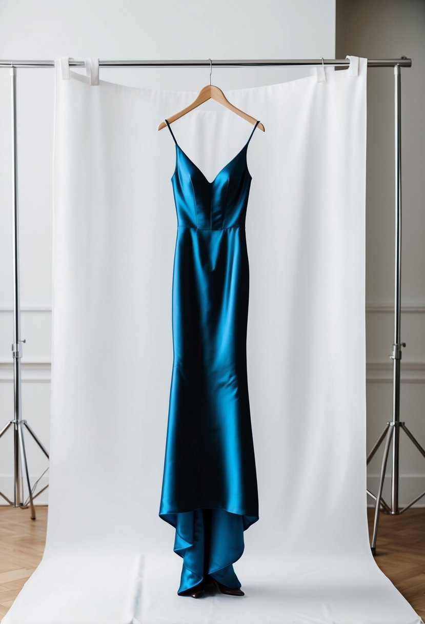 A sleek, silk sheath gown hangs on a minimalist hanger against a clean, white backdrop