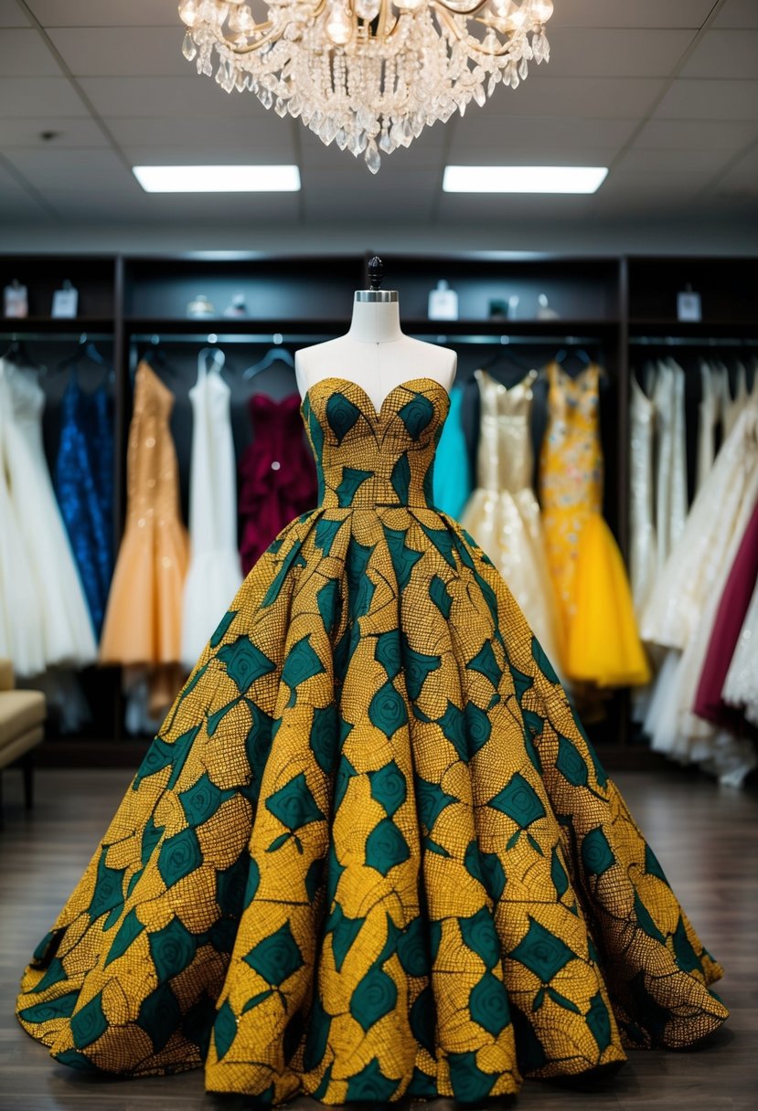 A grand Ankara ball gown displayed on a mannequin at a Nigerian wedding dress boutique