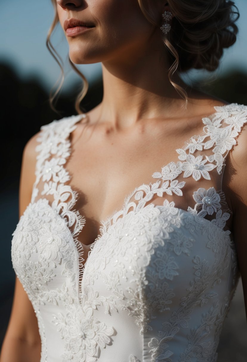 A close-up of a lace applique fitted bodice on a wedding dress