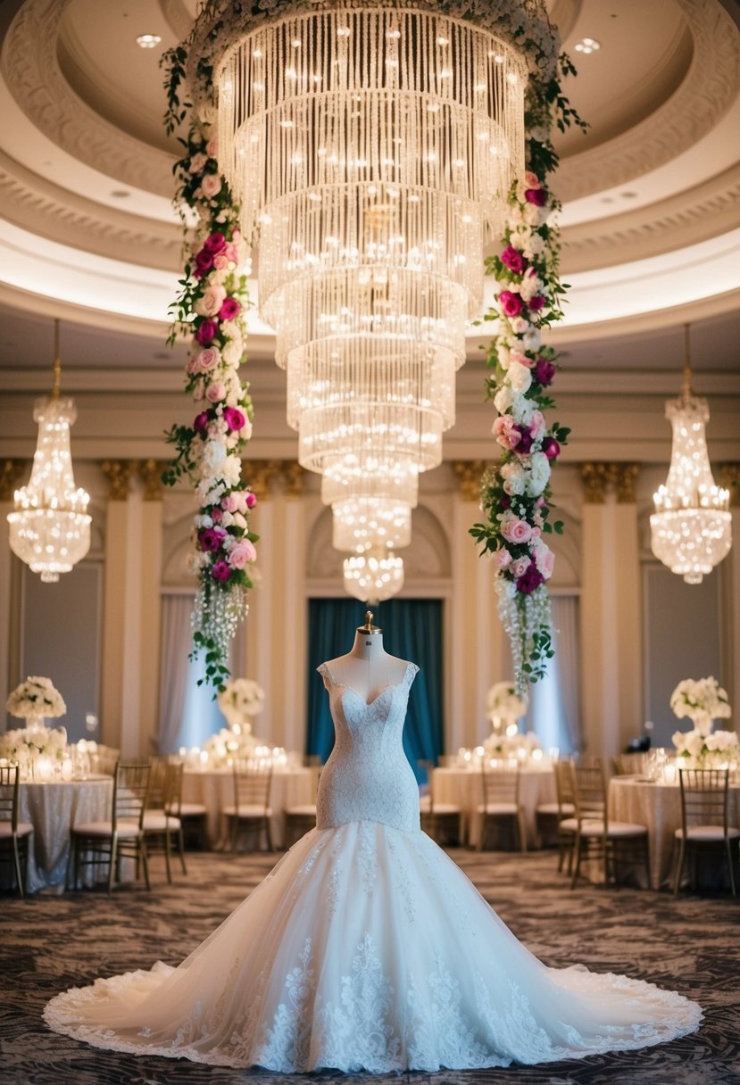 A grand ballroom with a sparkling chandelier, cascading flowers, and a luxurious wedding dress adorned with lace and pearls