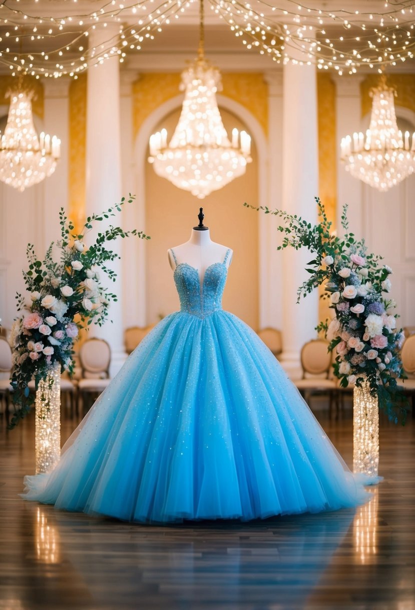 A grand ballroom with a sparkling ice blue tulle ball gown on a mannequin, surrounded by twinkling fairy lights and delicate floral arrangements