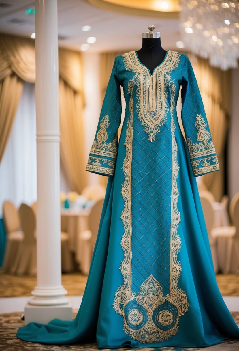 An ornate kaftan dress displayed on a mannequin in a luxurious Nigerian wedding setting