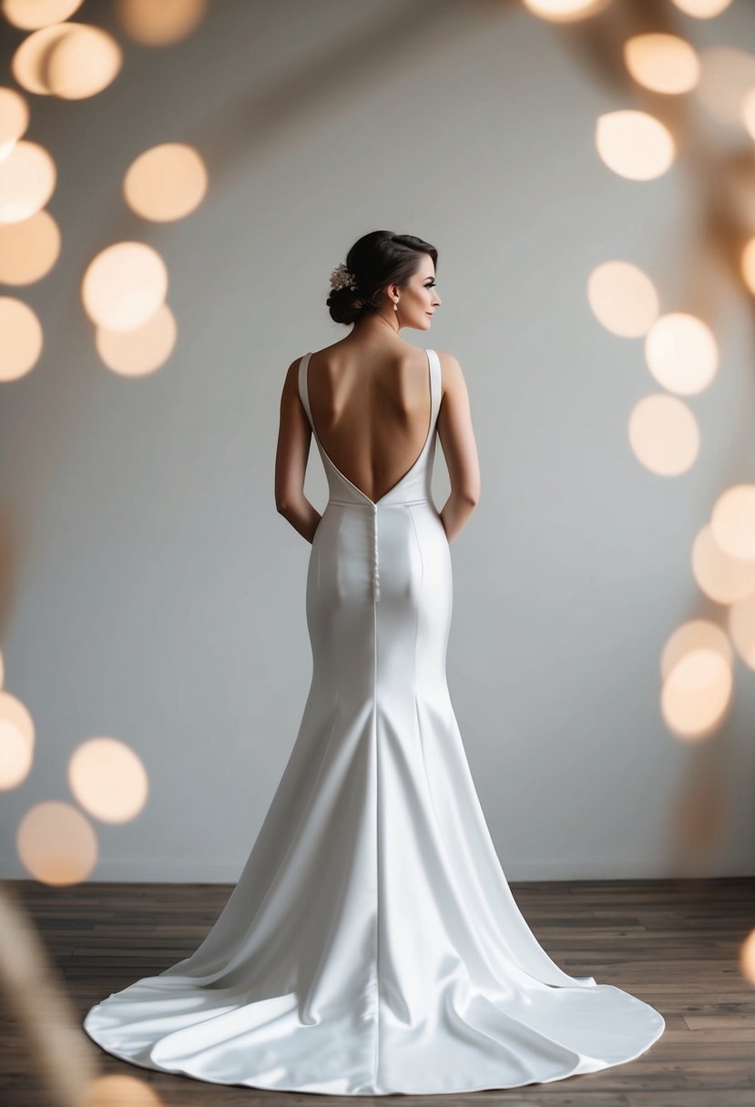 A bride stands in a sleek, backless satin wedding dress, the fabric hugging her curves with elegant simplicity