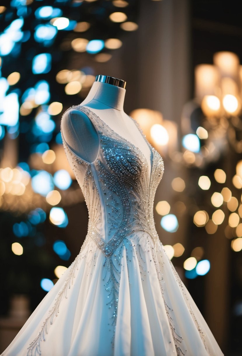 Shimmering beadwork adorns a flowing wedding gown