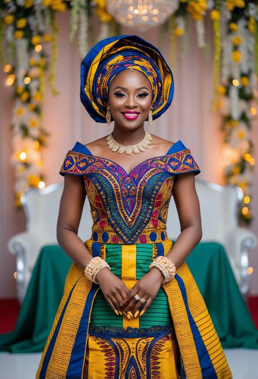 A bride in a vibrant Aso Oke dress, adorned with intricate embroidery and bold patterns, stands in front of a traditional Nigerian wedding backdrop