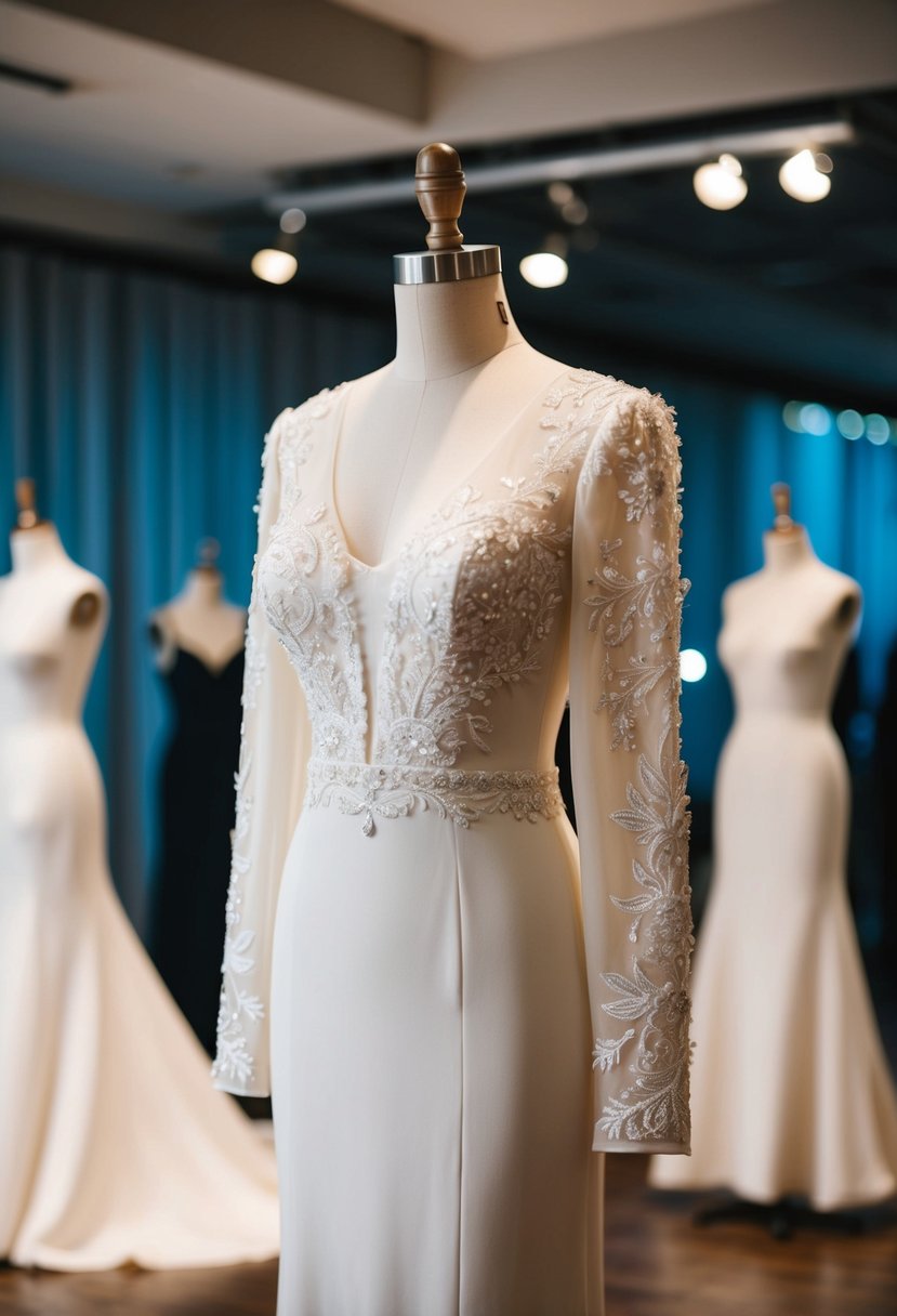 An elegant, tight-fitted wedding dress with embroidered long sleeves displayed on a mannequin