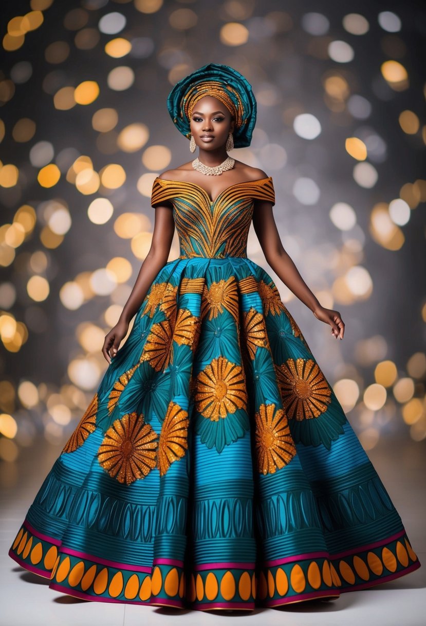 A vibrant and intricately designed Gele-inspired gown flowing gracefully, adorned with bold patterns and rich colors, perfect for a Nigerian wedding