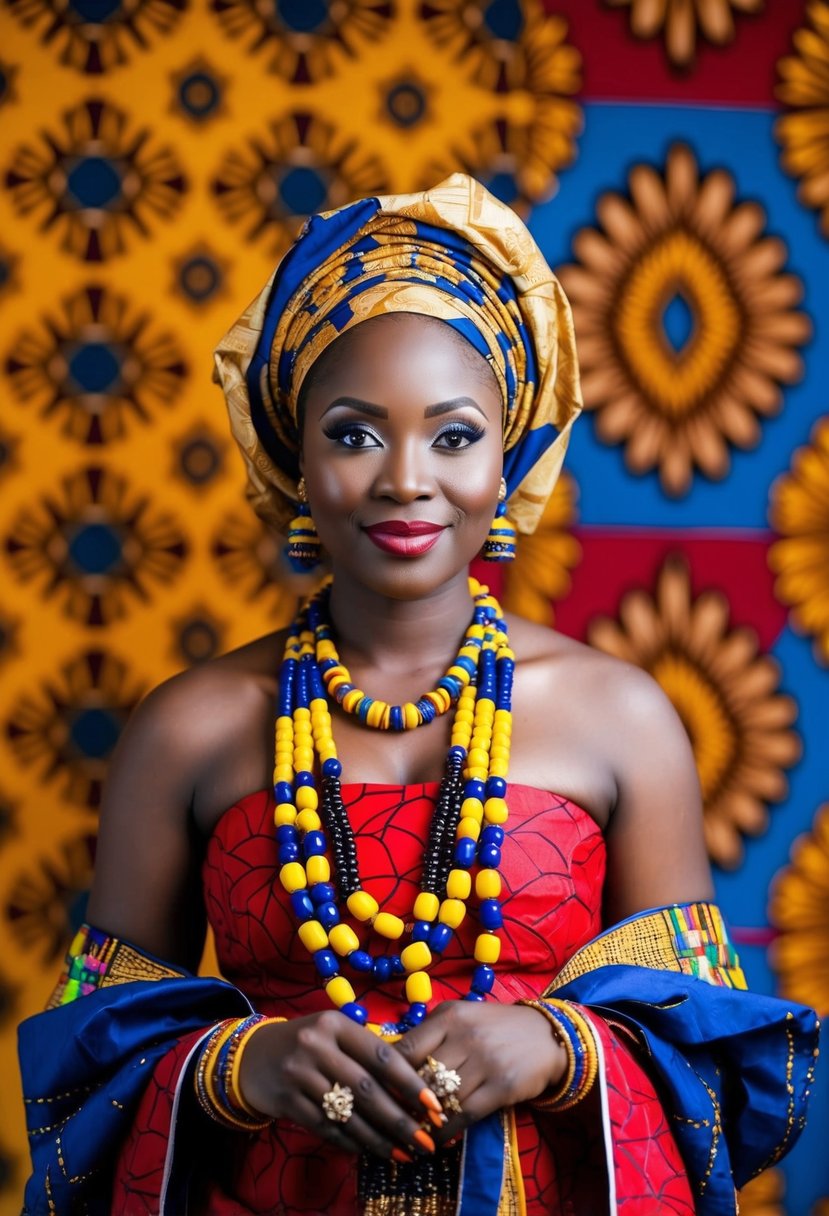 A Yoruba bride in traditional attire, adorned with colorful beads and headscarf, stands before a vibrant backdrop of traditional Nigerian patterns and motifs