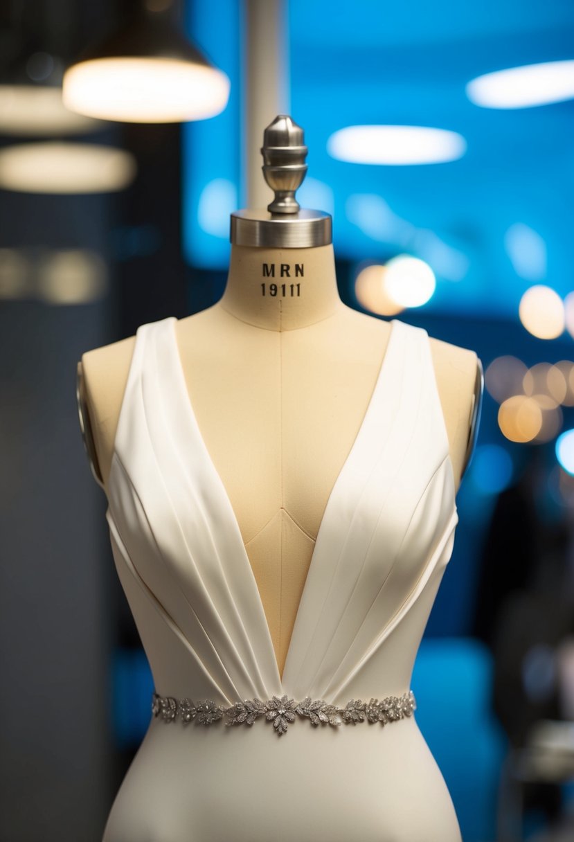 A bold plunging neckline fit tight wedding dress on a mannequin