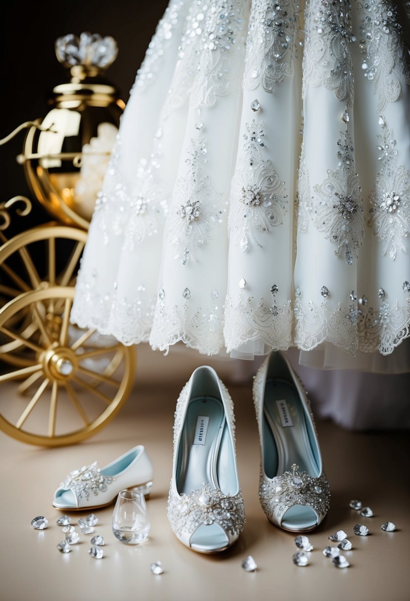 A sparkling white wedding dress adorned with intricate lace and shimmering crystals, surrounded by delicate glass slippers and a golden carriage