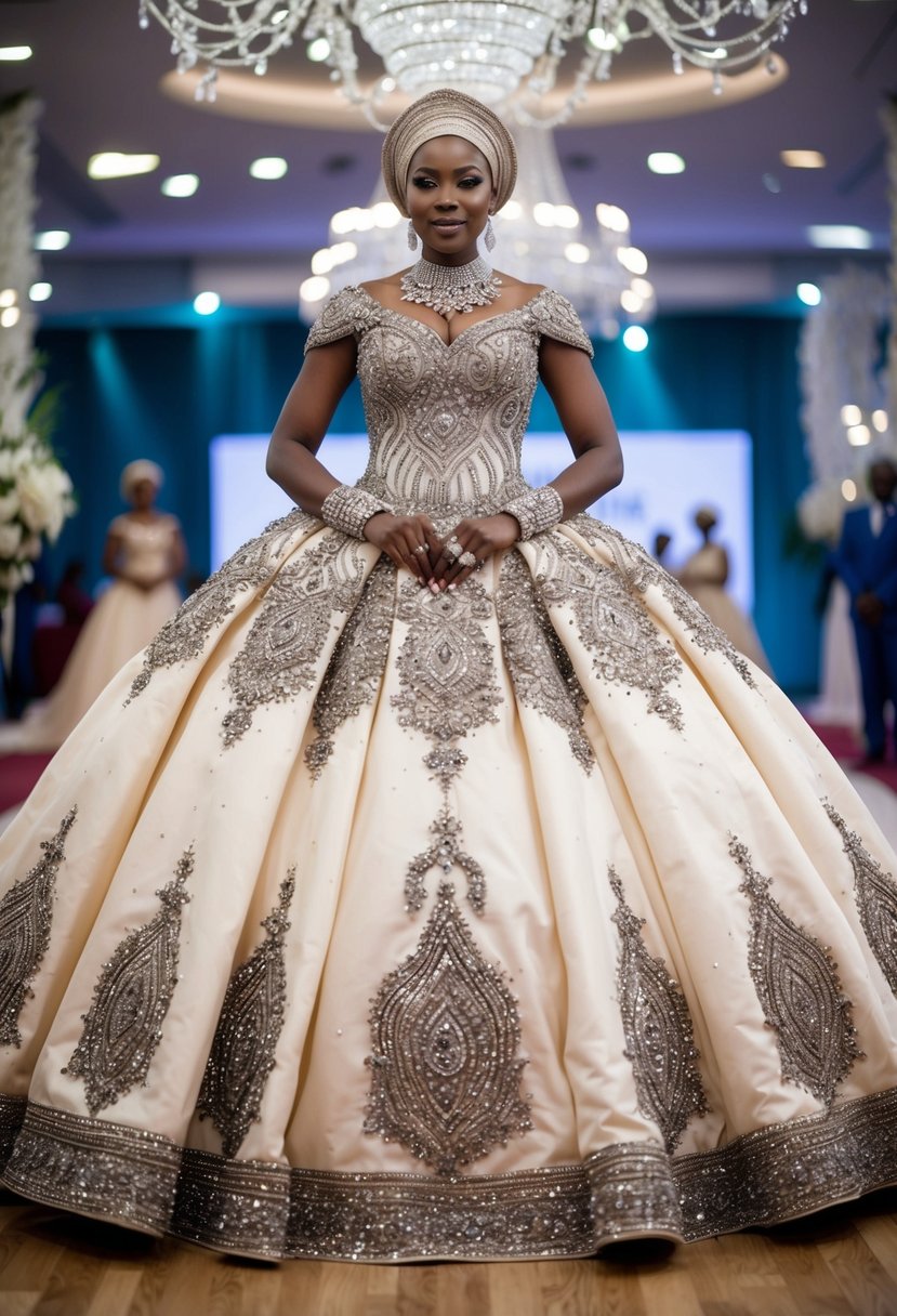 A grand ball gown adorned with intricate beading and embroidery, inspired by traditional Nigerian wedding attire