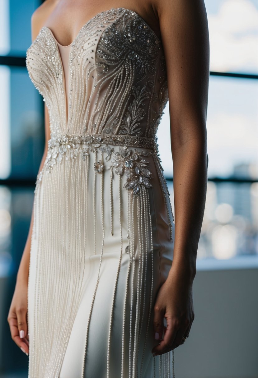 A close-up of a tight-fitted wedding dress with dramatic fringe and bead details cascading down the bodice and skirt