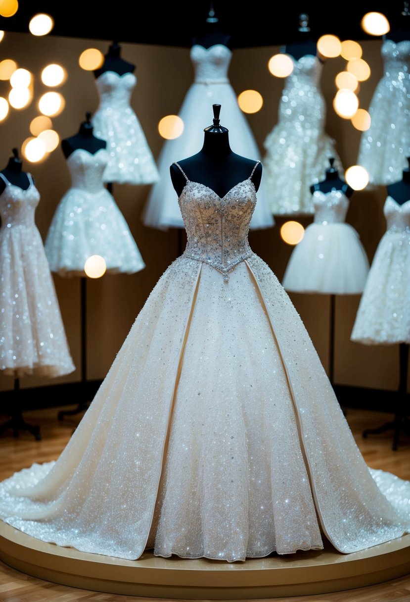 A sparkling Cinderella wedding dress displayed in various custom sizes