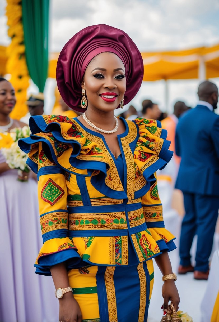 A vibrant ruffled sleeve jacket dress at a Nigerian wedding, adorned with traditional patterns and vibrant colors