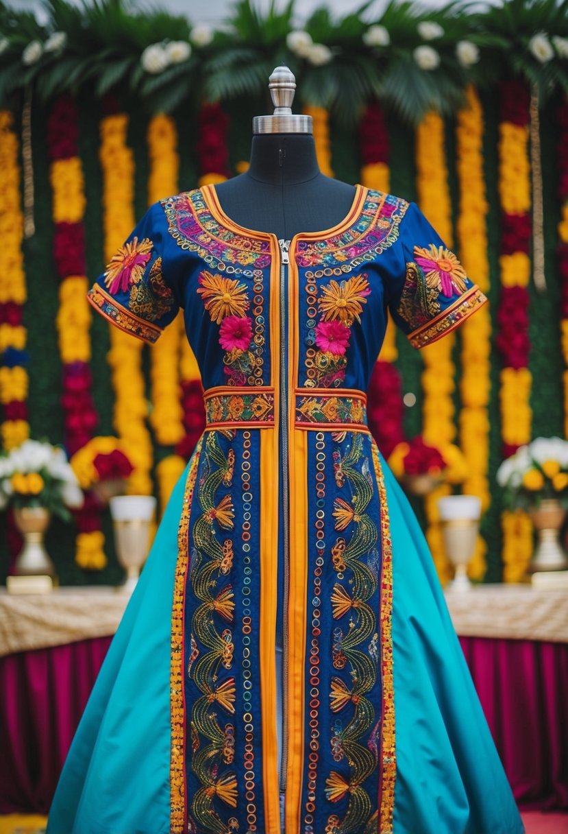 A vibrant, front-zipper dress with intricate embroidery and bold colors, set against a backdrop of traditional Nigerian wedding decor