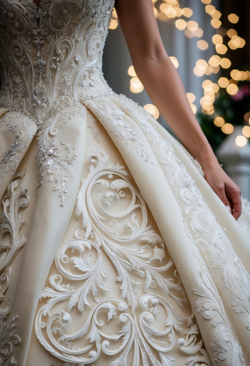 Intricate scrollwork adorns Cinderella's wedding gown, a vision of grace and elegance